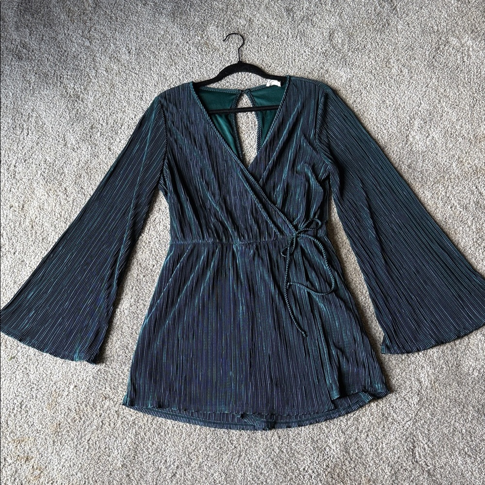 Forest Green Long Sleeve faux wrap Romper